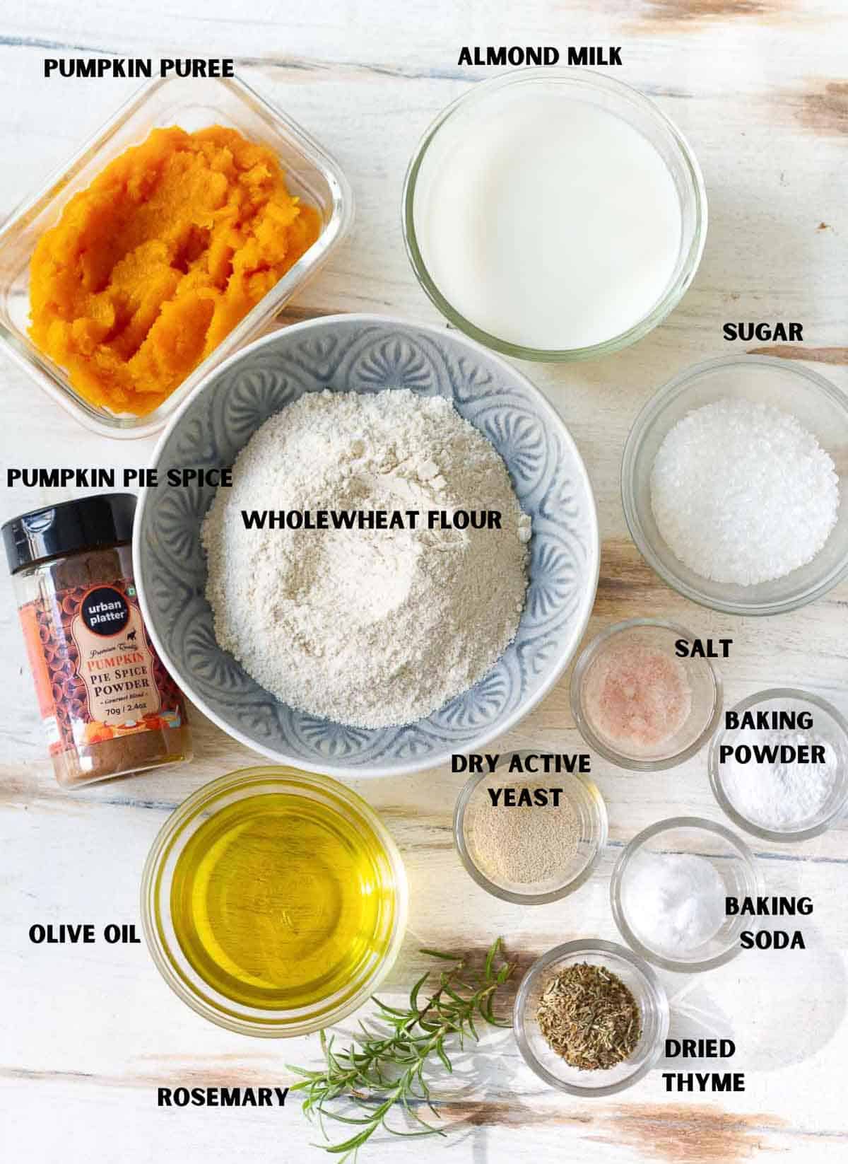 Ingredients for making pumpkin bread rolls.