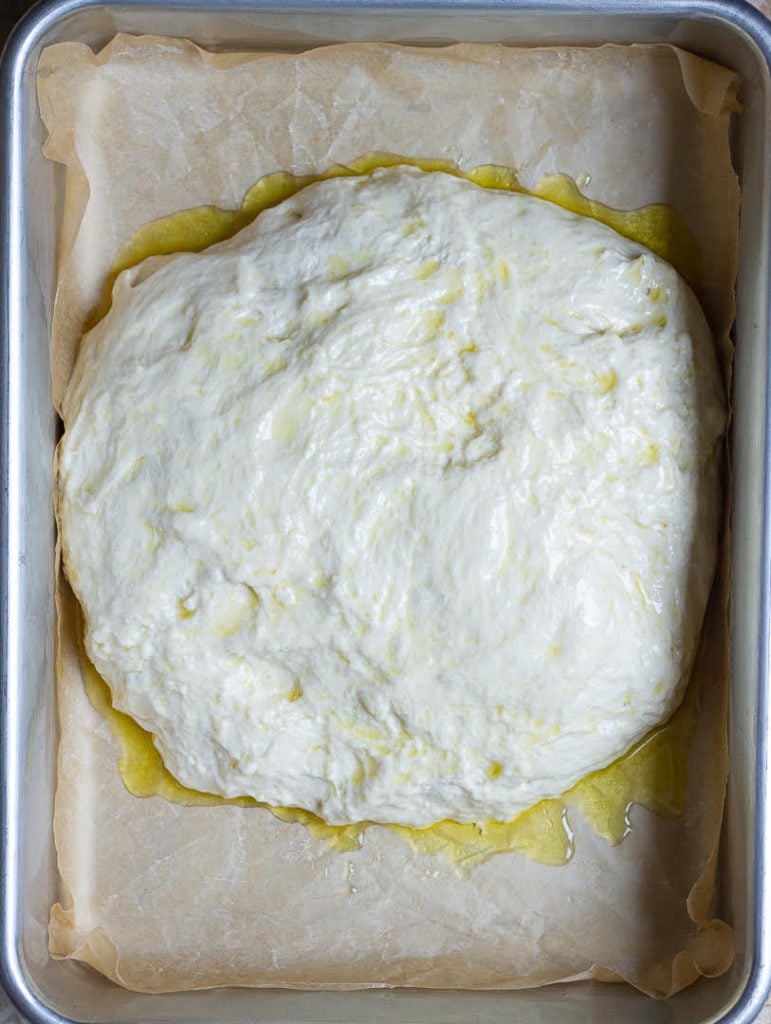 Proofed focaccia dough ready for the second rise