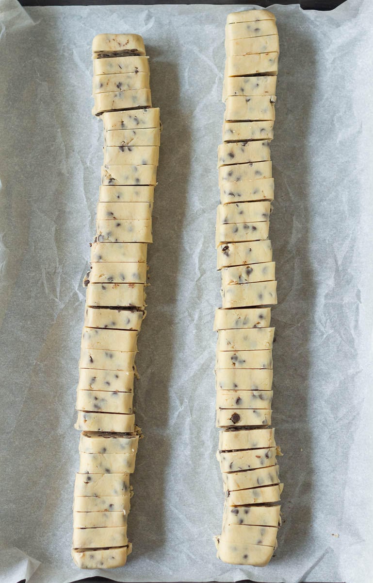 slice the cookie dough logs evenly